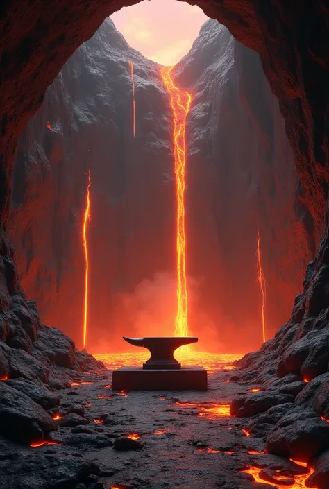 Hollowed out Volcanic mountain flowing lava falls blacksmith forge inside the mountain Anvil blacksmith hammer no people 