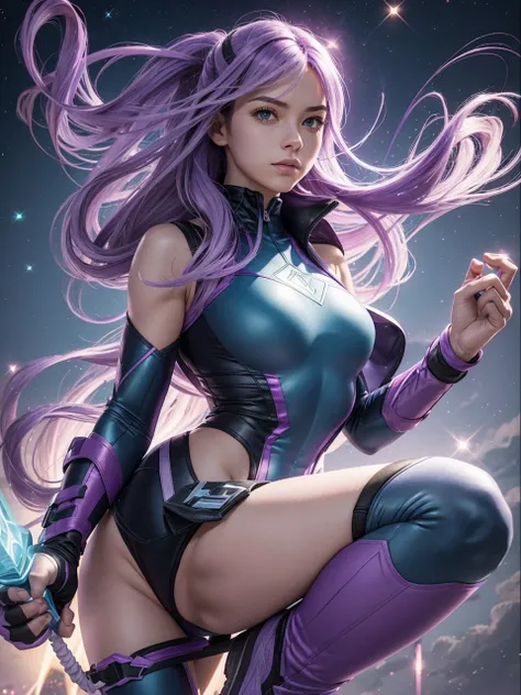 female Starlight Glimmer long Moderate purple with lighter purple and pale light, grayish aquamarine highlights hair super hero miss marvel avengers earth mightiest heroes one piece swimsuit speedo sport shoes gloves 