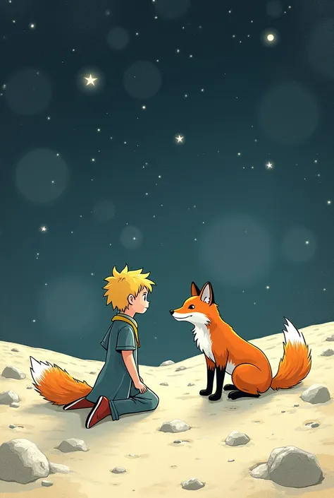 Can you create an image for me where the little prince is kneeling on the moon looking the fox in the eye, as a drawing, and make the fox look defiant and make them look a lot