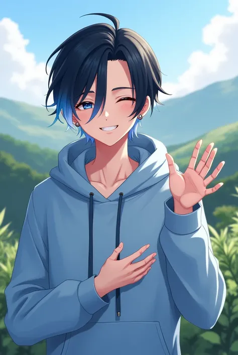 A discord profile picture of a black haired guy with a white and blue streak and a light blue hoodie with black eyes with a hood with low fade hair with a valley background with a smile and with his eyes closed and a blue streak and a medium white streak w...