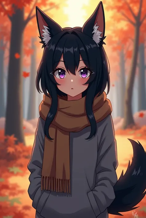 anime, teen girl, human, black fur, by the wide, gray clothes, brown scarf, purple eyes autumn forest background