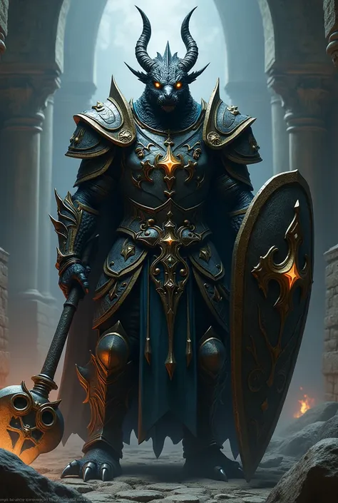 A DARK BLACK DRAGONBORN PALADIN WITH YELLOW EYES, LONG CURVED HORNS, WEARING FULL SCALE ARMOR AND WITH A WAR HAMMER IN HIS MAIN HAND AND SHIELD IN HIS OTHER HAND.