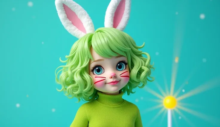 Blonde Hair This image portrays a girl with an imaginative and playful appearance.., Designed to resemble a whimsical bunny character.. Her vibrant green hair is lush and curly., Complemented with white bunny ears that add a fantastic element to your look....