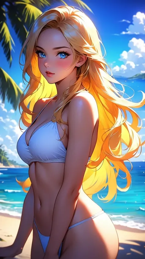 a beautiful woman in a white bikini standing on a beach, looking directly at the viewer, with long blonde hair blowing in the wind, blue eyes, and a slight blush on her cheeks, surrounded by palm trees, a cloudy blue sky, and waves crashing against the sho...