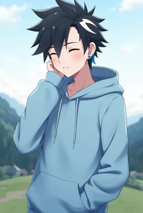 A discord profile picture of a boy with black hair with a white and blue streak and a light blue hoodie with black eyes with a hood with low fade hair with a valley background with a smile and with his eyes closed and a blue streak and a medium white strea...