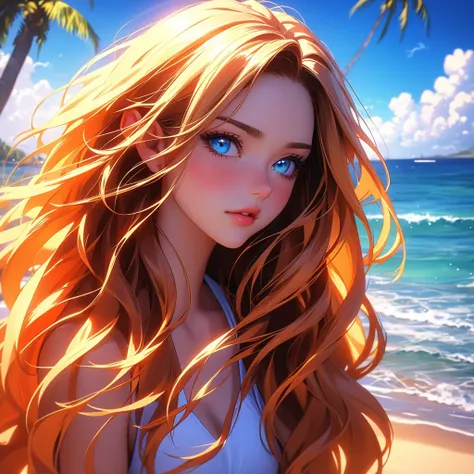 a beautiful woman in a white bikini standing on a beach, looking directly at the viewer, with long blonde hair blowing in the wind, blue eyes, and a slight blush on her cheeks, surrounded by palm trees, a cloudy blue sky, and waves crashing against the sho...