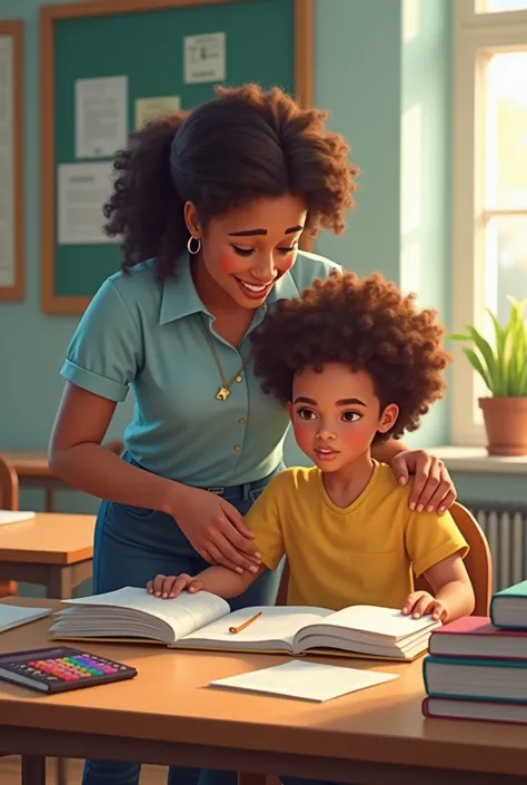 teacher with a light-skinned, curly-haired student in a classroom