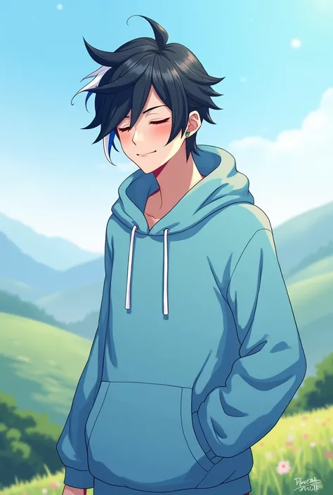 A discord profile picture of a man with black hair with a white and blue streak and a light blue hoodie with black eyes with a hood with low fade hair with a valley background with a smile and with his eyes closed and a blue streak and a medium white strea...