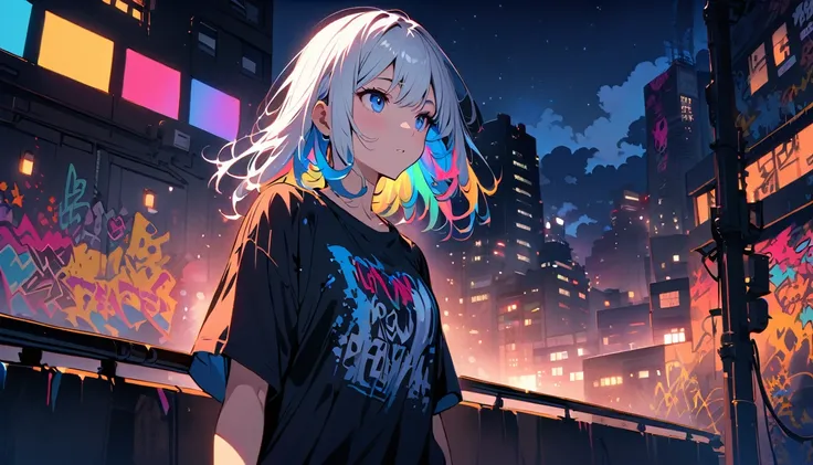 HD 8K Handsome sexy, Solitary, 1 female, Medium Length Hair, white hair, Rainbow hair, blue Eyes panoramic, in the night, looking away, big t-shirt, outdoor, White clouds, graffiti Popularity spray art wall panoramic, vibrant, cityscape, Tokyo night