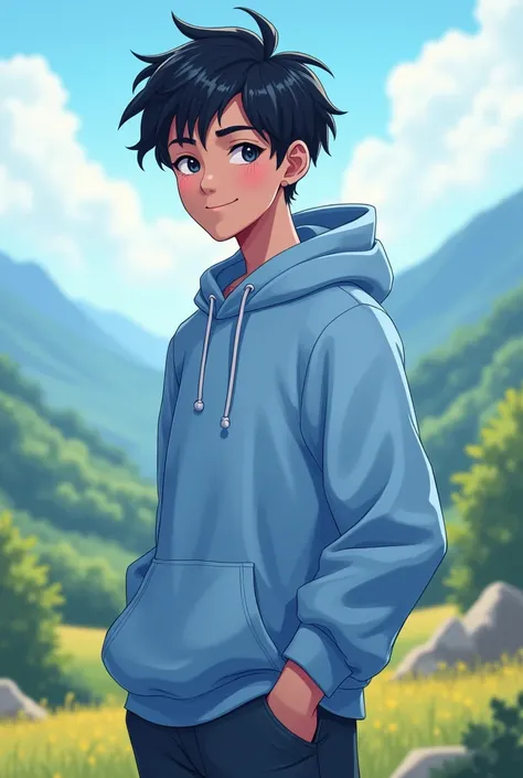 A discord profile picture of a man with black hair with a white and blue streak and a light blue hoodie with black eyes with a hood with low fade hair with a valley background with a smile and with his eyes closed and a blue streak and a medium white strea...