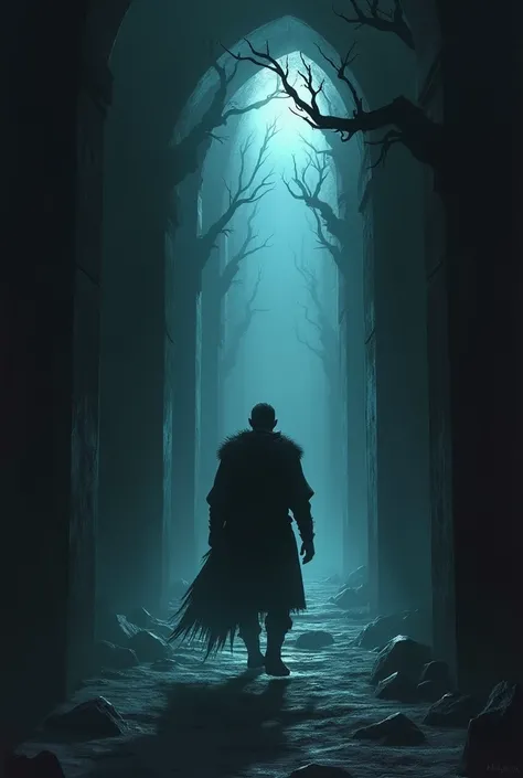 RPG Illustration A dark and narrow corridor, the shadows seem to come to life, murmuring inaudible words that fill the air with a sense of dread. A warrior advances cautiously, but his expression changes upon hearing the insidious whispers echoing around h...