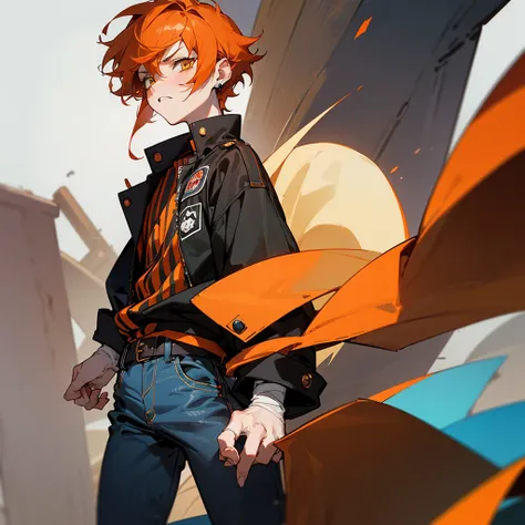 anime boy, short boy, , orange hair, yellow eyes small, cute, short hair, boy, small, long sleeve, hair with bangs, dark colors

(*Im Elliot, a short boy with 53, I wear a black oversized jacket, with gay flag pin,over a black and red striped shirt, jeans,...