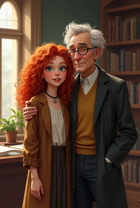 Redheaded teenage girl with curly hair next to her elderly teacher