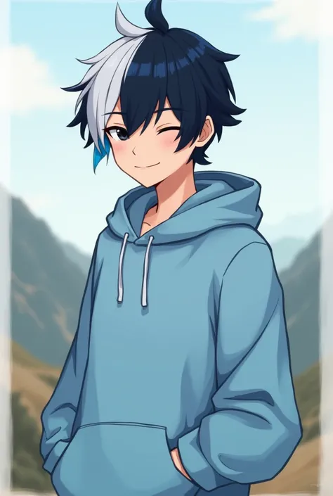 A discord profile picture of a boy with black hair with a white and blue streak and a light blue hoodie with black eyes with a hood with low fade hair with a valley background with a smile and with his eyes closed and a blue streak and a medium white strea...