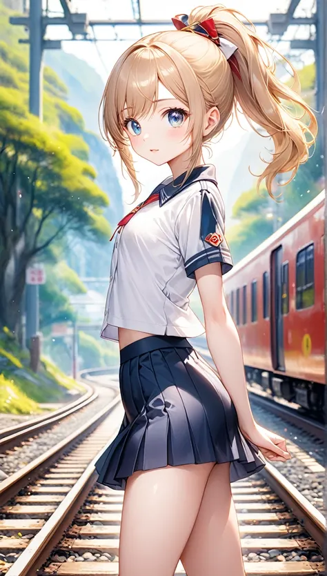 (Highest quality,8k,32K,masterpiece,Ultra-high resolution :1.2 ),born,One person,Super cute,Natural light,Clear, shining eyes,20-year-old,Fair skin,On the tracks,Electronic world fantasy background,ponytail,uniform,mini skirt,Fantasy,Artistic Beauty,whole ...