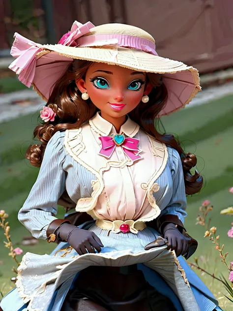 (masterpiece), (realistic), (((NSFW))). (ultra hd 8k), (realistic body proportions) Barbie as a pretty 10yo girl wearing her Victorian school uniform. Year 1895. 1890_dress. High-collar long sleeve white shirtwaist cuffed into a sash, cameo brooch, light b...