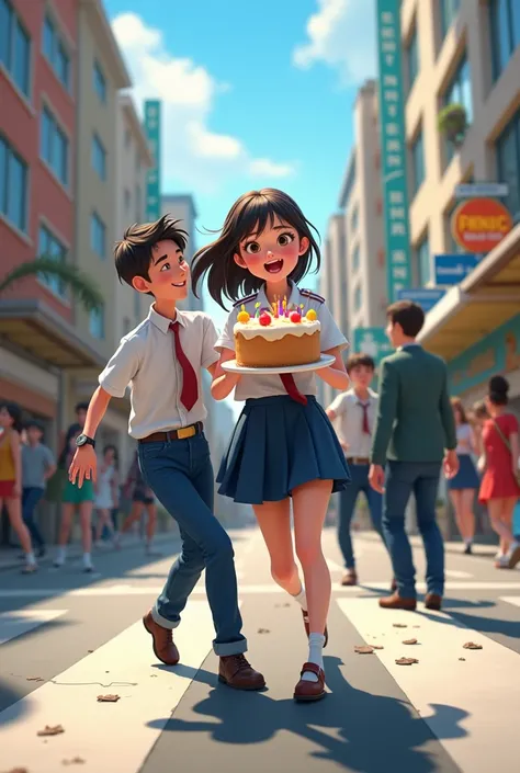 3d or 2d animation drawing of a woman in school uniform carrying a packed birthday cake and another photo bumping into a man 