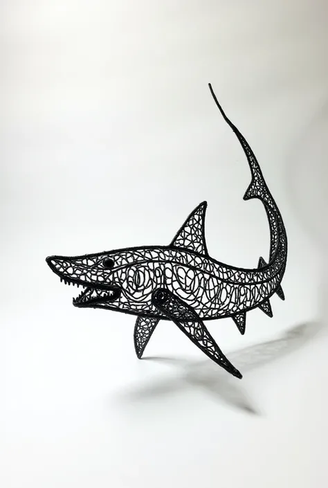 Wire sculpture art of a shark head with a long fin dorsal. Make it minimal