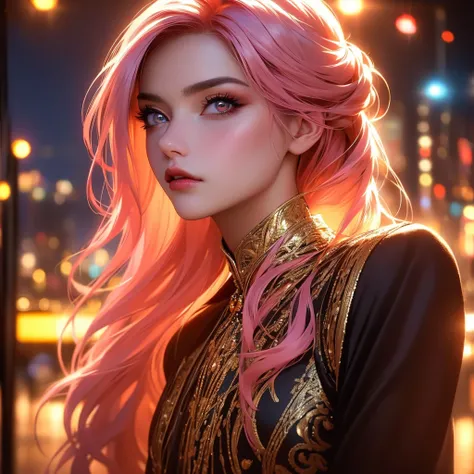 a beautiful woman in a beige dress with expressive beautiful eyes, posing, urban cityscape, black jacket, pink hair, golden hour, shallow depth of field, atmosphere of a first date and young love, (best quality,4k,8k,highres,masterpiece:1.2),ultra-detailed...