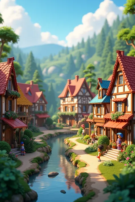  small village , 3d animation ,disney inspired, 8k