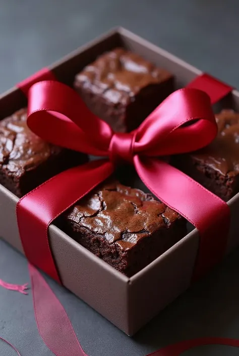 A box of 6 brownies with a bow on the outside, decorated for Royal birthday