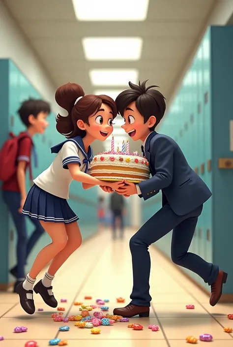 3d or 2d animation drawing of a woman in school uniform carrying a packed birthday cake and another photo bumping into a man, They are on the floor with the candy on top 