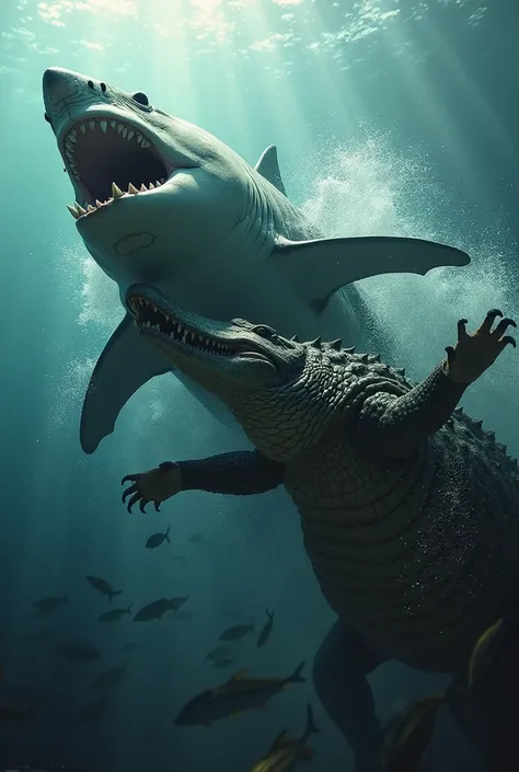 I want a shark fighting a crocodile in the water 