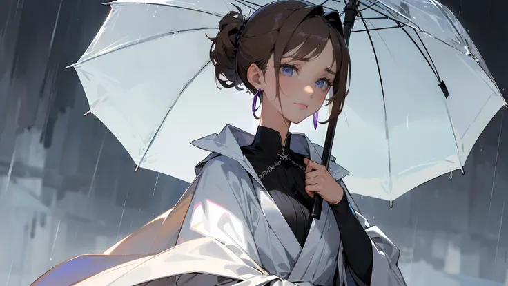 Light brown hair、((hair tied at the back))、Showing from the waist up、Black suit draped over shoulders、Wearing a white shirt underneath、black tie、Blue-violet eyes、((Rainy gray background))、Holding a large open umbrella。Beauty、(((Detailed picture)))、(((Detai...