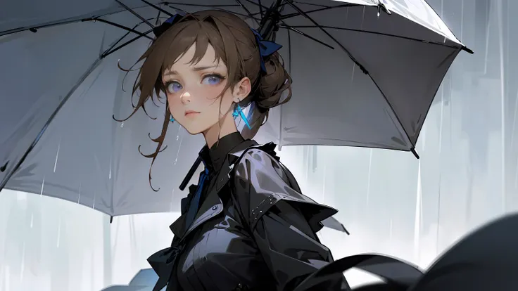 Light brown hair、((hair tied at the back))、Showing from the waist up、Black suit draped over shoulders、Wearing a white shirt underneath、black tie、Blue-violet eyes、((Rainy gray background))、Holding a large open umbrella。Beauty、(((Detailed picture)))、(((Detai...