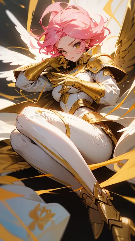 28 year old girl who is an angel, with pink hair, golden colored eyes, gloves and boots of a knight in white and gold , white and gold clothing and flowers in her hair