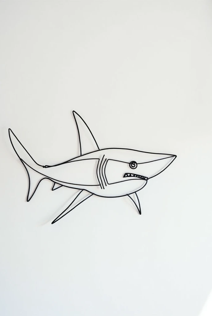 Wire sculpture art of a shark head with a long fin dorsal and no teeth, Make it minimal