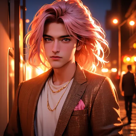 beautiful woman with expressive eyes, pink hair, beige dress, black jacket, posing, urban landscape, golden hour, shallow depth of field, romantic first date atmosphere, highly detailed, photorealistic, 8k, (best quality:1.2), (realistic:1.37), intricate d...