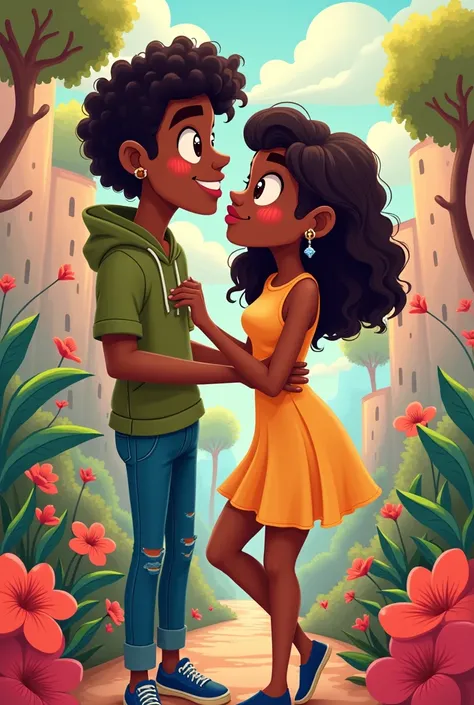 make a drawing of me and my girlfriend I&#39;m thinner, lowrise, white, very black and curly long hair and light brown eyes and septum piercing, my girlfriend has black skin, dark eyes and big eyelashes, tall has a curvier body, She is tall and has short, ...