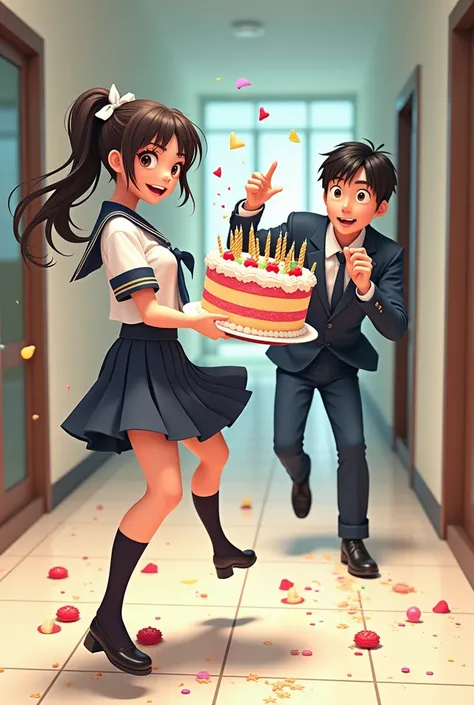 3d or 2d animation drawing of a woman in school uniform carrying a birthday cake colliding with a man, ending up on the floor with pieces of candy all over their bodies