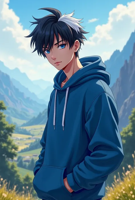 A discord profile picture of a man with black hair with a white and blue streak wearing a blue hoodie with his hand in his pocket male gender with short hair face with a valley in the background average 