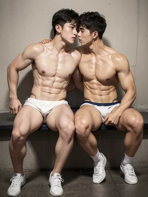 Slim men。Completely naked。Same-sex lovers kissing。The hairstyle is bangs and one-length.。Water polo club member、Swimming Club、Muscular。skin color is fair。Naked。
Japanese people。age２０age。The image background is concrete。人物はWater polo club memberまたは競泳用水着、Wea...