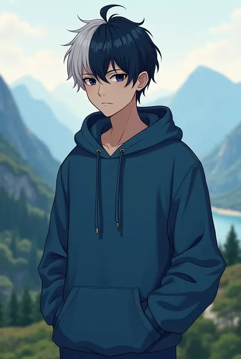 A discord profile picture of a man with black hair with a white and blue streak wearing a blue hoodie with his hand in his pocket male gender with short hair face with a valley in the background medium with black eyes 