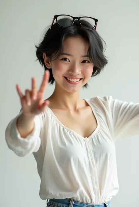 Asian woman, dancing, open chest, eyes looking straight, smiling, short hair, glasses on hair, sharp images, clear