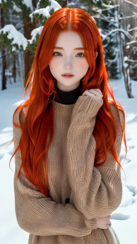 Woman with red hair and sweater posing in the snow, flowing Redhead, Redheadの, orange skin and long fiery hair, Redhead, Redhead, Redhead and fur, Redheadのウェーブヘア, wild Redhead, long Redhead, Redheadの女性, She has long reddish-orange hair, Redheadの少女, Long Or...