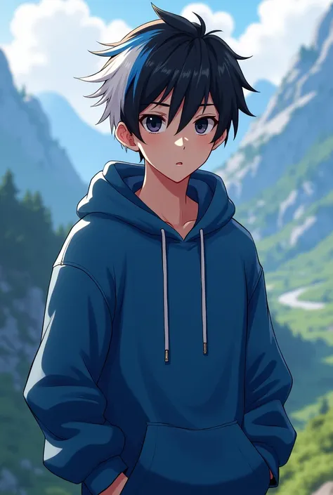 A discord profile picture of a boy with black hair with a white and blue streak wearing a blue hoodie with his hand in his pocket male gender with short hair face with a valley in the background medium with black eyes 