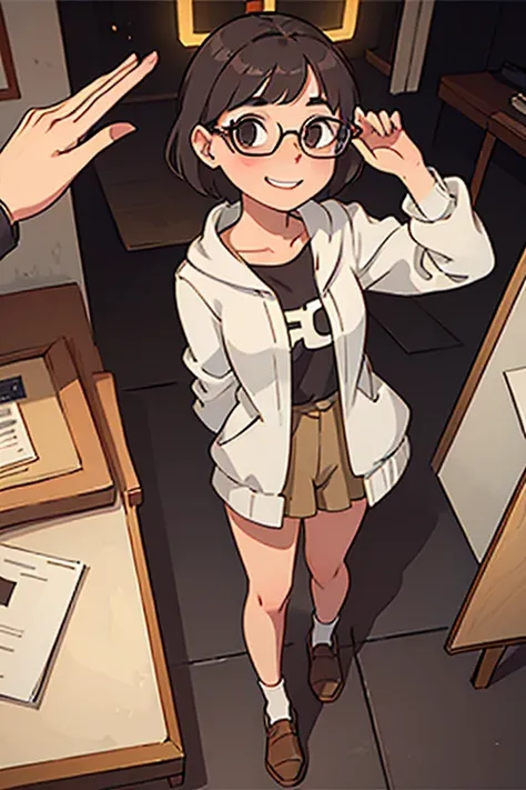 a girl with short wavy hair, wearing glasses and giving a shy smile, wearing a beige sweeter with her legs showing, introducing herself to someone