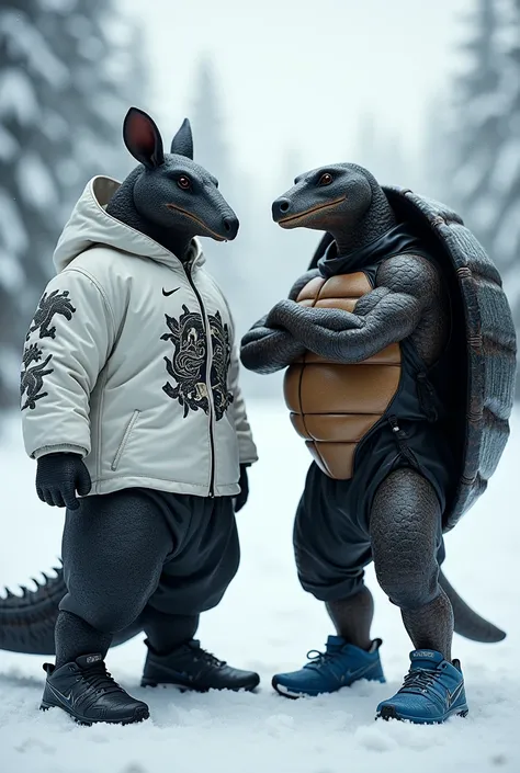 An armadillo with black scale-textured skin wearing black Nike running shoes and the armadillo wearing a white snowboard jacket with a dragon symbol. Next to him is a turtle wearing blue ASICS running shoes and a black samurai outfit.. The two are standing...