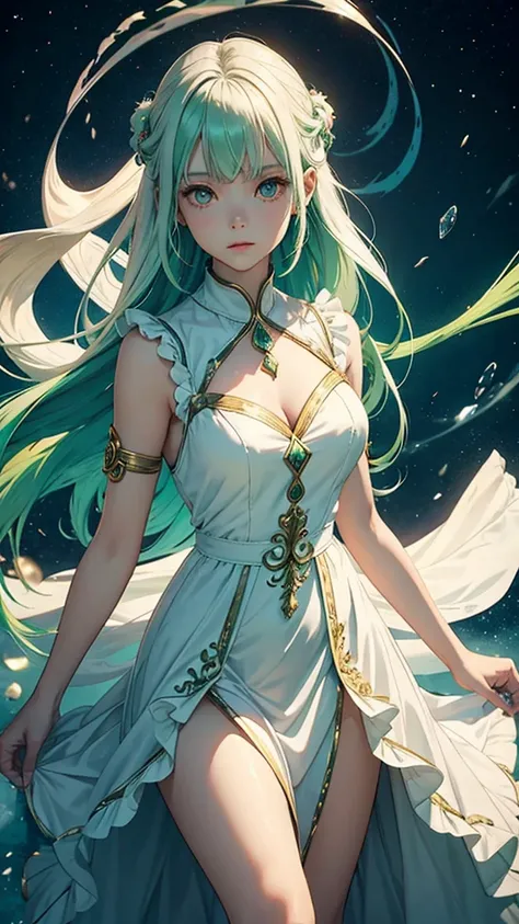 women, eleven, mystical aura, green hair with gradient to white, straight hair,  Collect,  brown and white dress , Eastern and Western style ruffled dress, bicolor eyes, ethereal poses, Goddess 