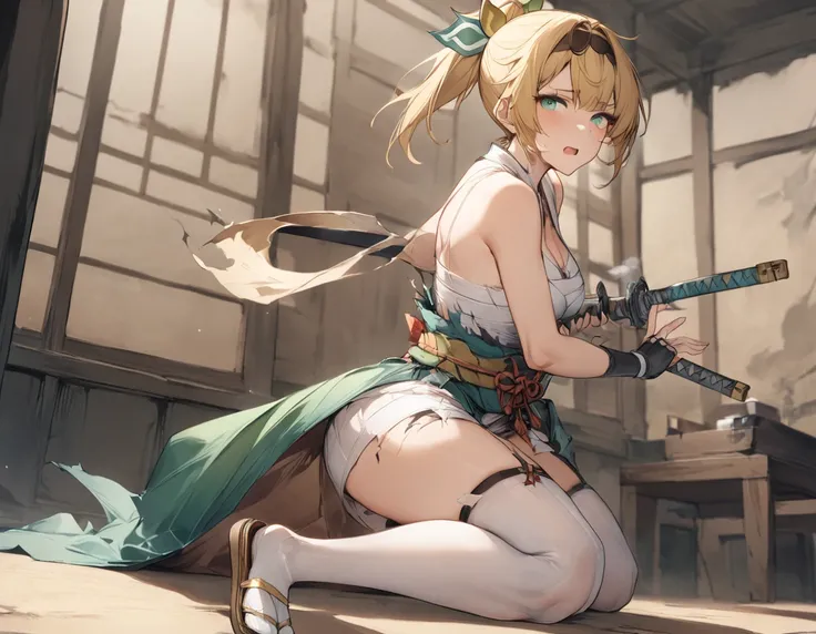 best quality,ultra detailed,extremely detailed and beautiful,perfect anatomy,perfect hands,(kazama iroha ),embarrassed,green eyes, blonde hair,ponytail, green hair ribbon,fingerless gloves,sarashi,white thighhighs,japanese clothes,Swinging the katana,(torn...