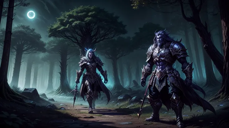 Prompt 1: The Battle Preparation (World of Warcraft Style) Description: A dark, mystical forest at night, lit by a crescent moon. Heavily armored characters, resembling heroes from World of Warcraft, prepare for battle. Their armor is ornate, oversized, an...