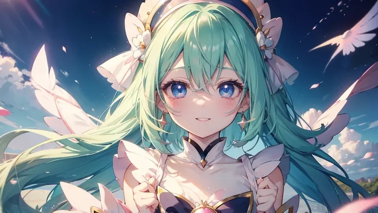 ((((髪UP,Green Hair,顔UP,Look up,)),(((Highest quality、masterpiece、Ultra-fine、Ultra-fine、髪UP,Green Hair,Exquisite、16K,顔UP,Look up,The best smile,Full HD,,)),( ((summer,One person,かわいいMagical girl,)))Blue Eyes、Long eyelashes、White skin、(Pale pink lips、Pale pi...