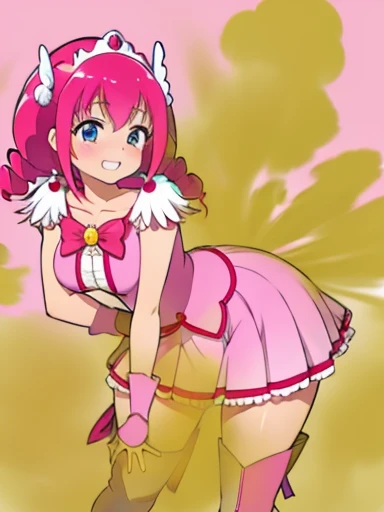 Cure Happy, Wearing the default outfit, The finer details, Big Breasts, Leaning forward, fart, 大量のfart, Yellow smoke, Tilt, Grit your teeth