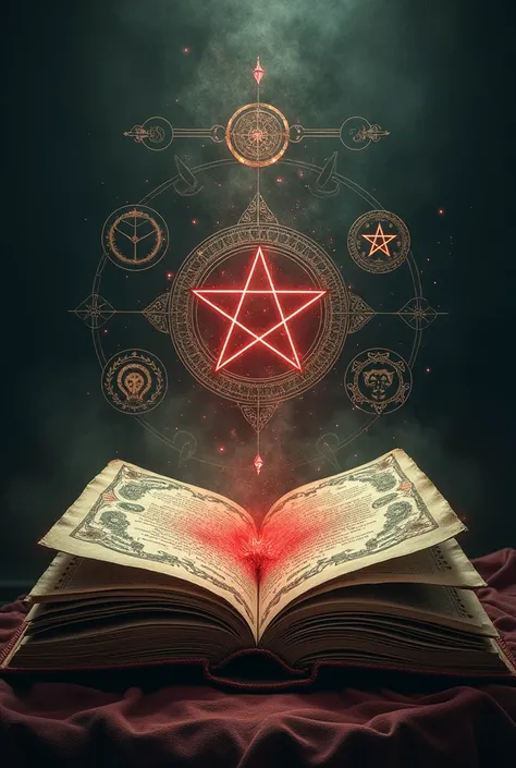 There is an image of a book with a red pentagram on it, spell book, Grimoire Page, grimoire, pentacle, Intricate secret Wiccan patterns, The Ritual of Demonic Magic, Home Wicca Scene, Chaos Magic, Floating Spell Book, Occult aesthetics Alchemy, Style "Necr...