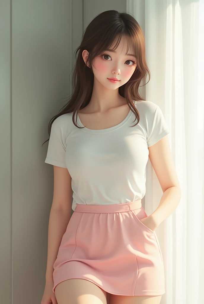 girl + pale skin + asian eyes (dark brown) + straight light brown hair + curvy body + c cup breasts + upturned nose.

white short-sleeved t-shirt + pastel pink mini skirt.