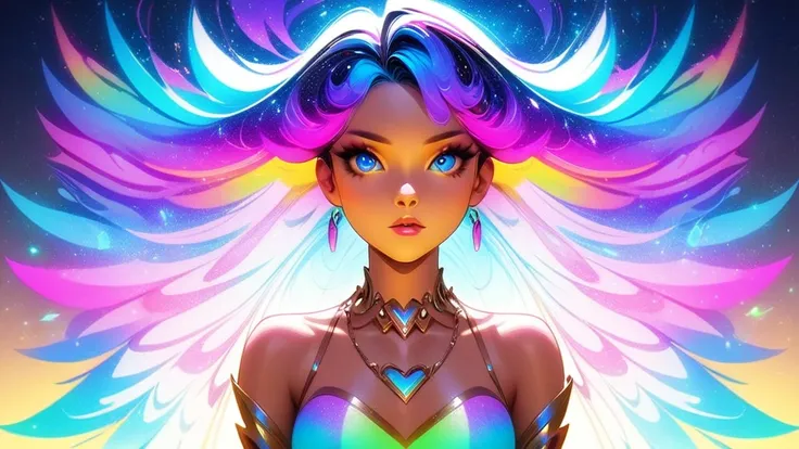 a close up of a woman with colorful hair and a necklace, anime girl with cosmic hair, rossdraws pastel vibrant, artwork in the s...